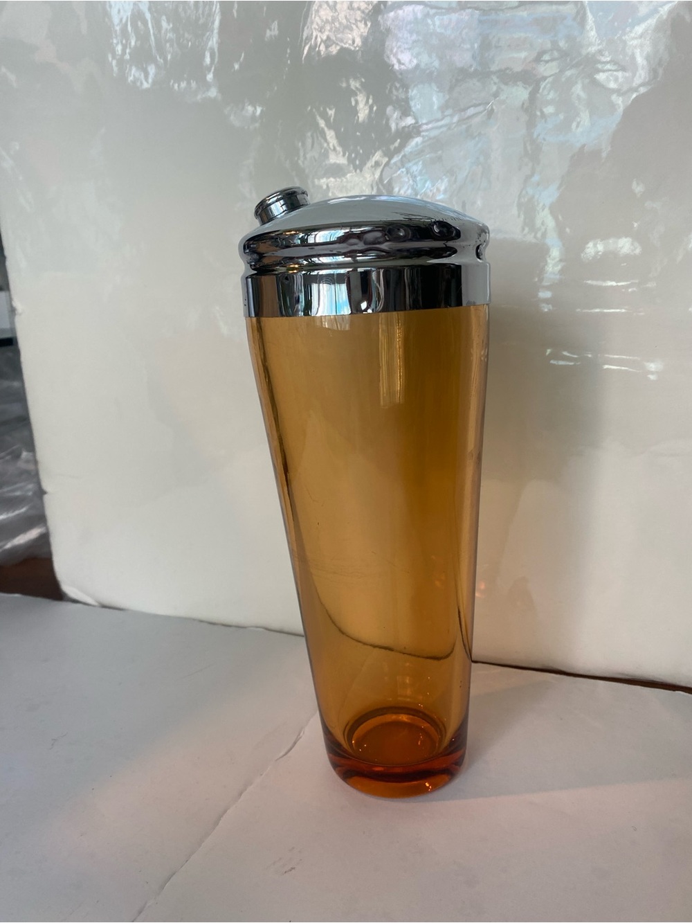 VINTAGE ART DECO Amber GLASS COCKTAIL MARTINI SHAKER W/CHROME LID MCM
